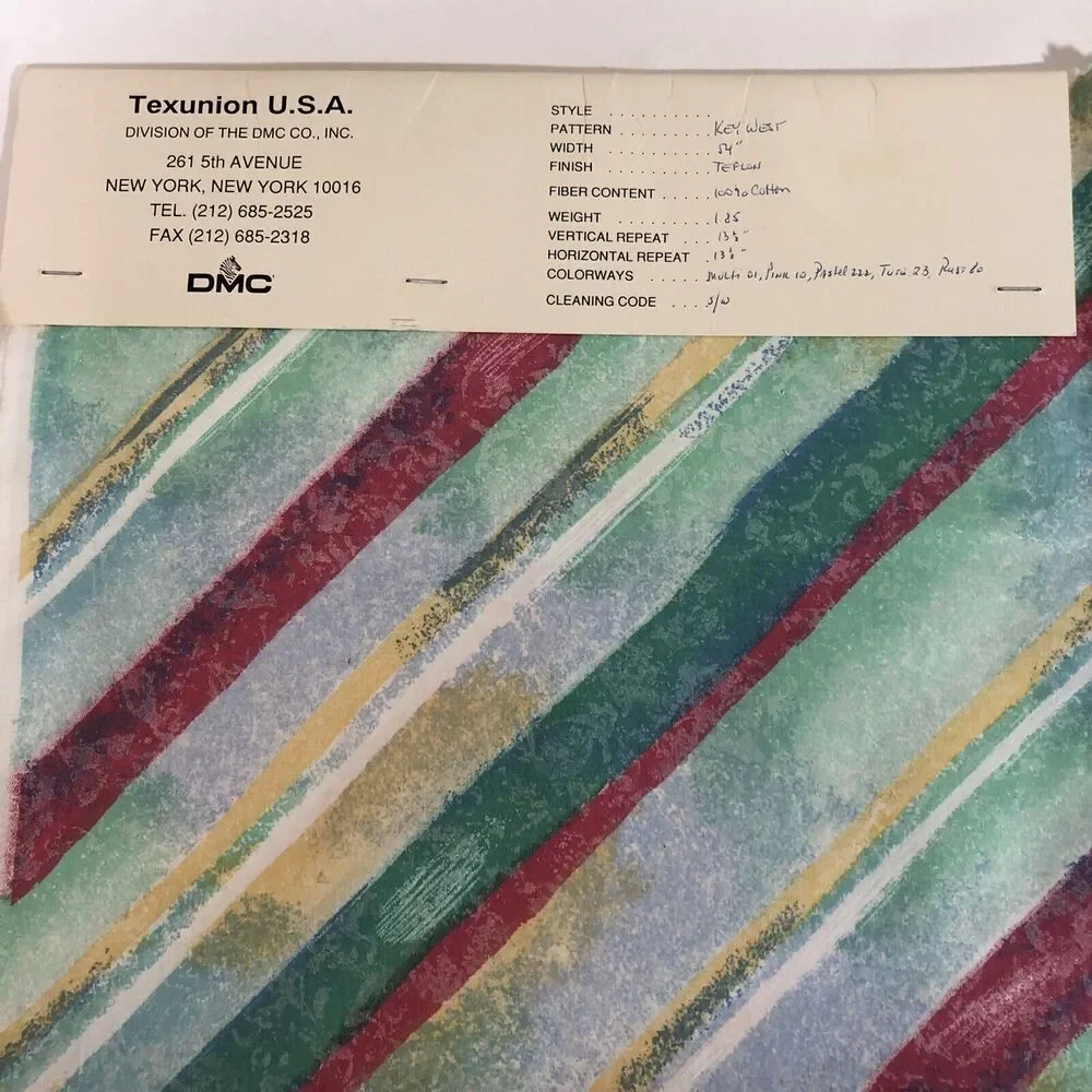 Vintage TexUnion Fabric Samples, Striped Key West Pattern Cotton with Teflon 26